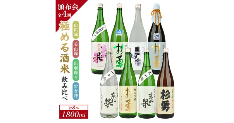 【ふるさと納税】≪4回定期便≫ 極める酒米 飲み比べ頒布会 1800ml×2本コース 年4回 計8本 山田錦 美山錦 出羽燦々 雪女神 3ヶ月ごと毎月下旬にお届け お申込み翌月下旬からお届け開始 ※着日指定不可 高橋酒造店 杉勇蕨岡酒造場 山形県 遊佐町 庄内 日本酒 お酒 清酒