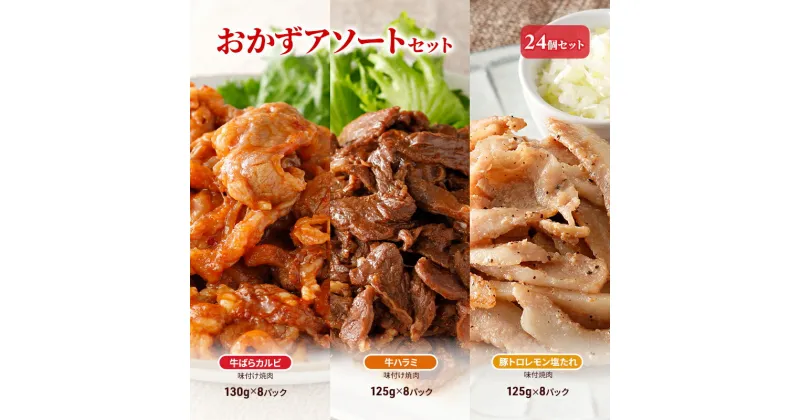 【ふるさと納税】おかずアソートセット24個セット 牛ばらカルビ味付け焼肉130g×8パック、牛ハラミ味付け焼肉125g×8パック、豚トロレモン塩たれ味付焼肉125g×8パック　お肉・牛肉・焼肉・バーベキュー・お肉・牛肉・焼肉・バーベキュー・加工品・惣菜・冷凍