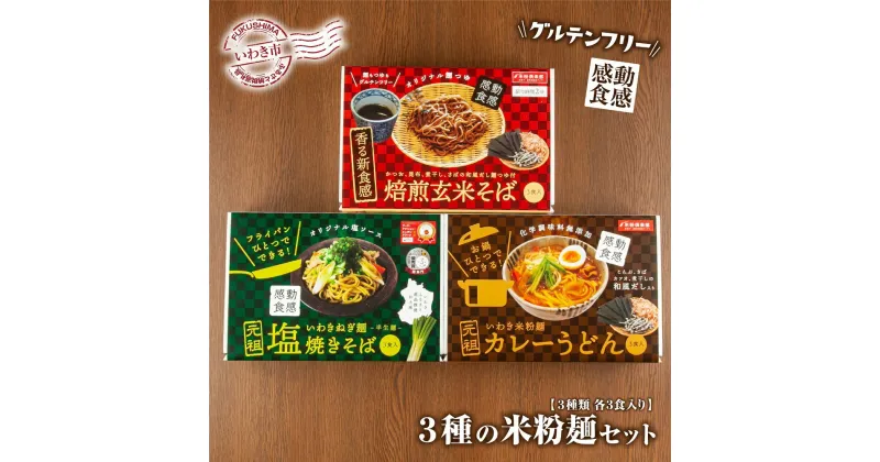 【ふるさと納税】【グルテンフリー】3種の米粉麺セット（いわき米粉麺カレーうどん・いわきねぎ麺塩焼きそば・焙煎玄米そば　3食入×各1箱）