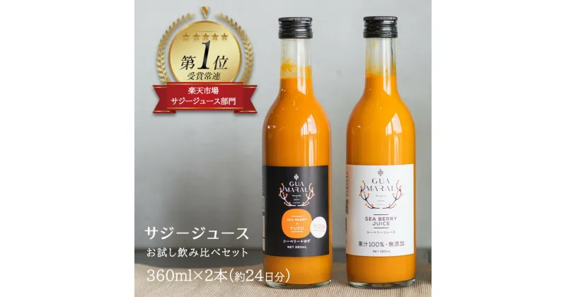 【ふるさと納税】「サジー 100%」と「サジー+ゆず」ジュース 飲み比べ セット 360ml×各1本（計2本）｜サジージュース 2種類の味 サジー シーベリー 沙棘 グアマラル 健康ドリンク 健康 美容 栄養 果汁 鉄分補給 栄養補給_DX01