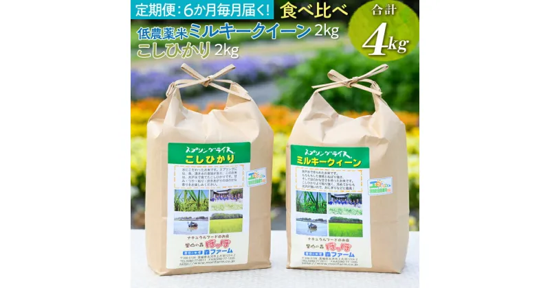 【ふるさと納税】【新米】【定期便】6か月毎月届く！低農薬米ミルキークイーン2kg＋こしひかり2kg 食べ比べ 合計4kg｜米 コメ こめ ごはん ご飯 ゴハン 白飯 スプリング ライス ミルキー クイーン コシヒカリ 食べ比べ 贈答 白米 精米 低農薬 定期便 6ヶ月 六カ月 6回_BI94