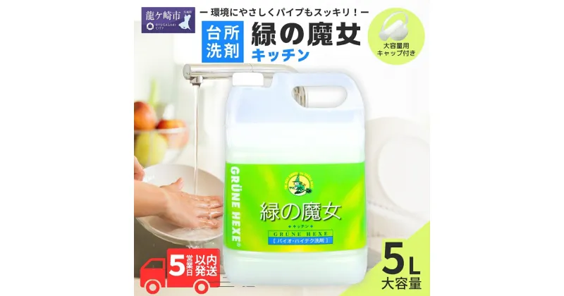 【ふるさと納税】緑の魔女キッチン5L×1本 洗剤+パイプクリーナー機能付き環境配慮型洗剤 | 茨城県 龍ケ崎市 洗剤 環境 エコ やさしい 手肌 優しい 弱酸性 パイプクリーナー 詰まり 臭い キッチン 台所洗剤 植物由来 キッチン洗剤 液体洗剤 安心 大掃除