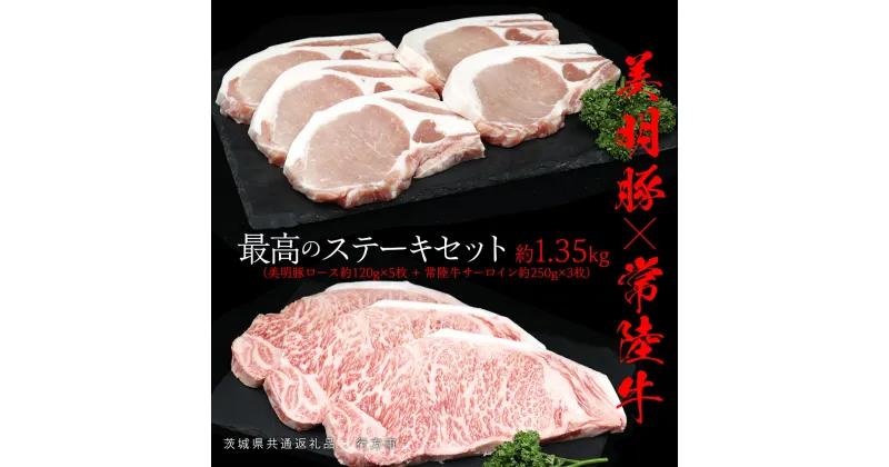 【ふるさと納税】美明豚 × 常陸牛 最高の ステーキセット 約 1.35kg （美明豚ロース 120g ×5枚+常陸牛サーロイン 250g ×3枚）（茨城県共通返礼品：行方市） びめいとん ビメイトン ブランド豚 銘柄豚 豚 豚肉 ブタロース 肉 もも 黒毛和牛 牛肉 ひたち牛 ブランド牛